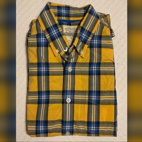 Men’s Aeropostale yellow/blue button down shirt - Picture 2 of 5